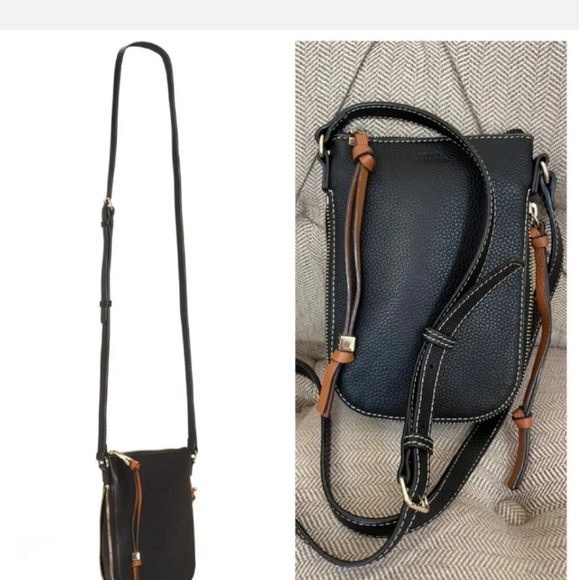 Vince Camuto Corin Phone Case & Crossbody Black Leather with Brown Tassle Pulls - Picture 4 of 11